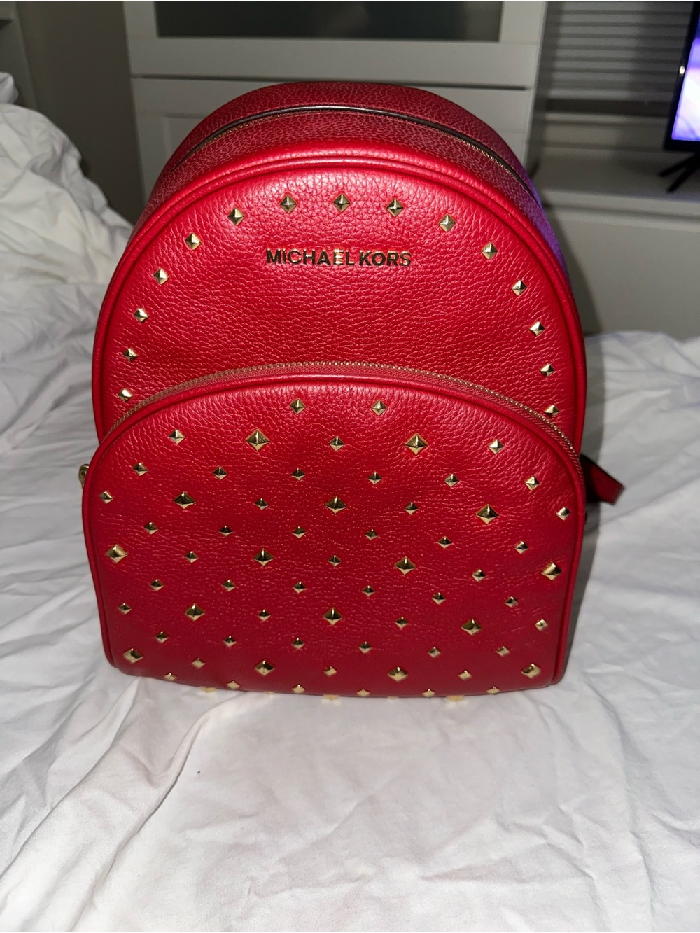 Michael Kors Abbey Red Studded Leather Mini Backpack